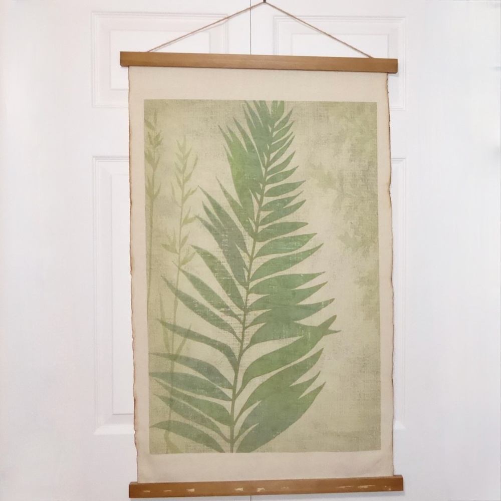 TROPICAL FERN LEAF WALL SCROLL ART TAPESTRY ROPE GREEN BROWN WOOD FRAME 37 X 23